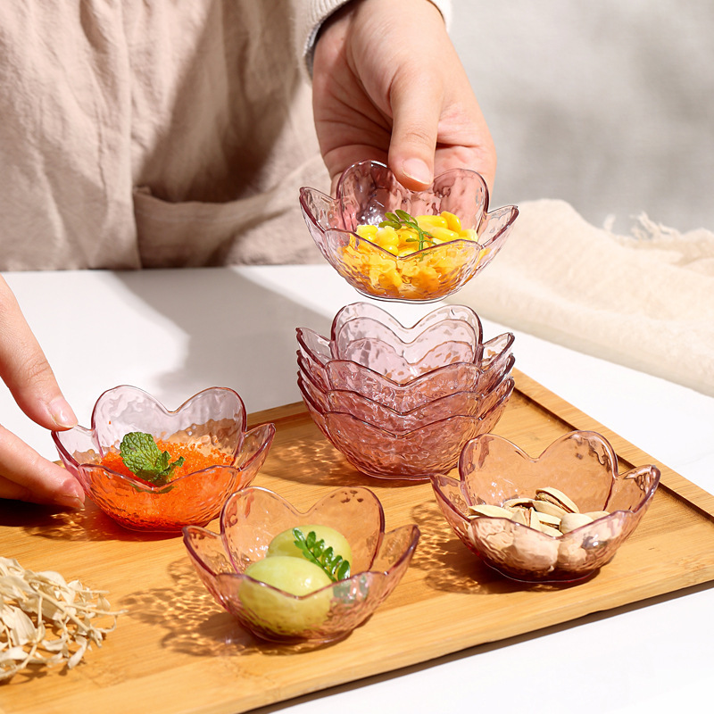 日本式のハンマーの桜のプラスチックの調味料の透明なソースの小皿の高い顔の値は多く鍋の調味料の皿をつけます。|undefined
