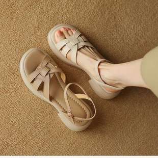 Soft-Soled French Retro Woven One-Strap Open-Toe Sandals for Women Summer Thick-Soled Roman Shoes Korean Style with Skirt