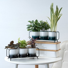 北欧简约创意长方铁架配渐变彩色圆柱形陶瓷花盆厂家批发