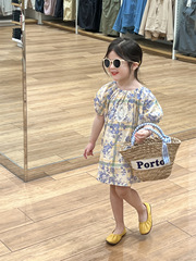 2024 Girls' Summer Dress, Casual Vacation Style, Checkered Blue Floral Lace Backless Tie-Dress Princess Dress