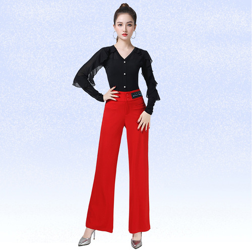 Square dance modern dance tops new women's black red lotus leaf long-sleeved tops elegant Jitterbug Latin dance clothes