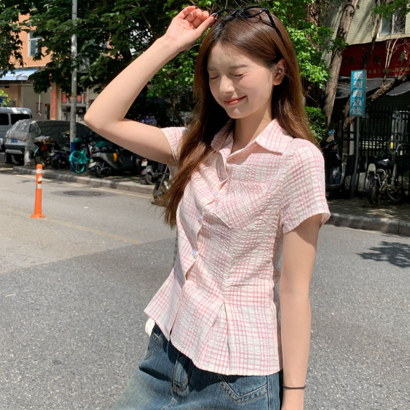 Korean Pink Plaid Right Shoulder Short-Sleeved Shirt for Women Summer 2025 New Sweet Sexy Short Waist Shirt Top