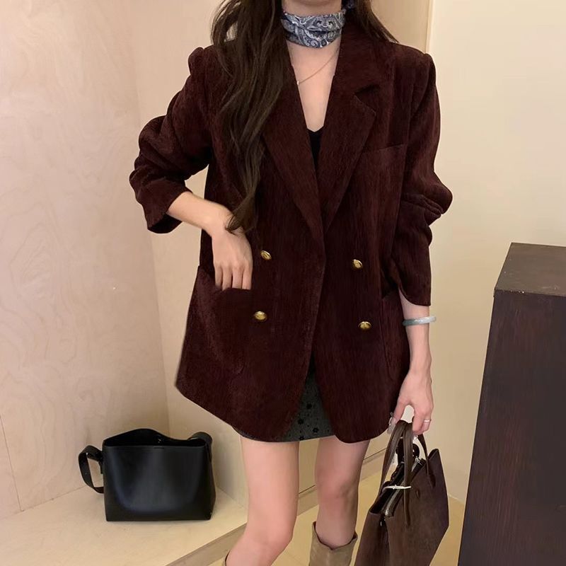 法式灯芯绒双排扣夹棉西装外套女2025秋冬新款宽松显瘦小西服上衣|undefined