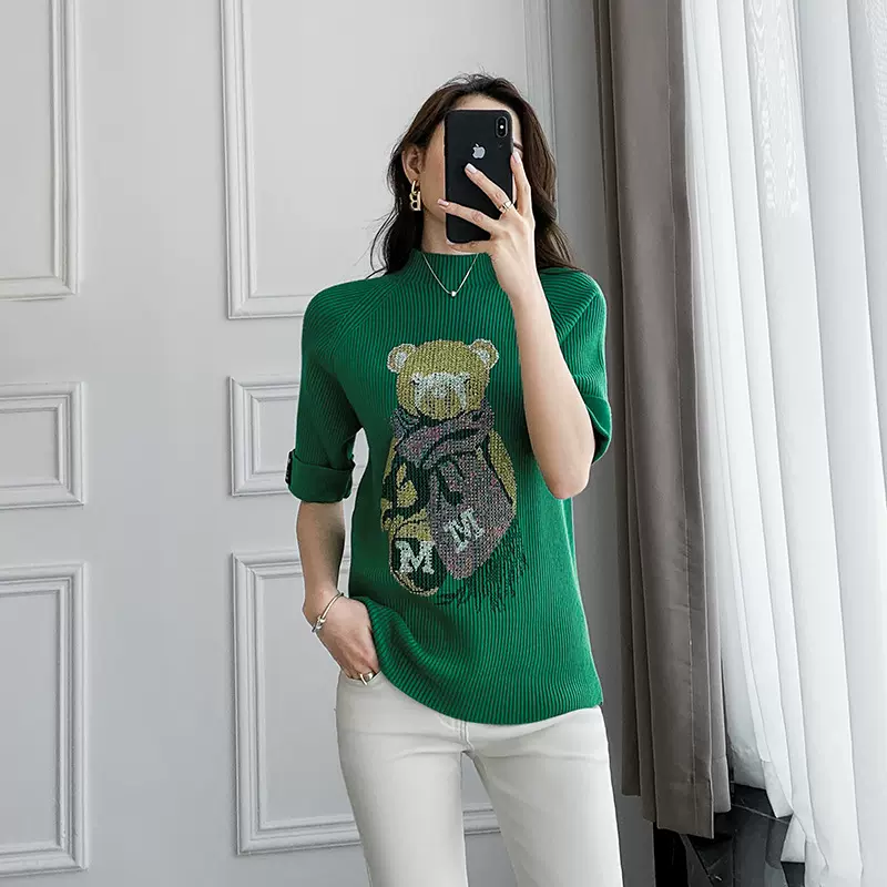 毛衣女夏季新款韩版女装跨境潮 ins风烫钻短袖宽松套头打底针织衫