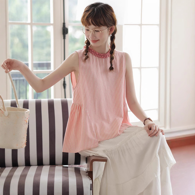 2025 Summer New Japanese Style Sweet Contrast Color Lacy Collar Striped Shirt with Cam Sleeve Vest Sleeveless Doll Top for Women 2025 Summer New Japanese Style Sweet Contrast Color Lacy Collar Striped Shirt with Cam Sleeve Vest Sleeveless Doll Top for Women
