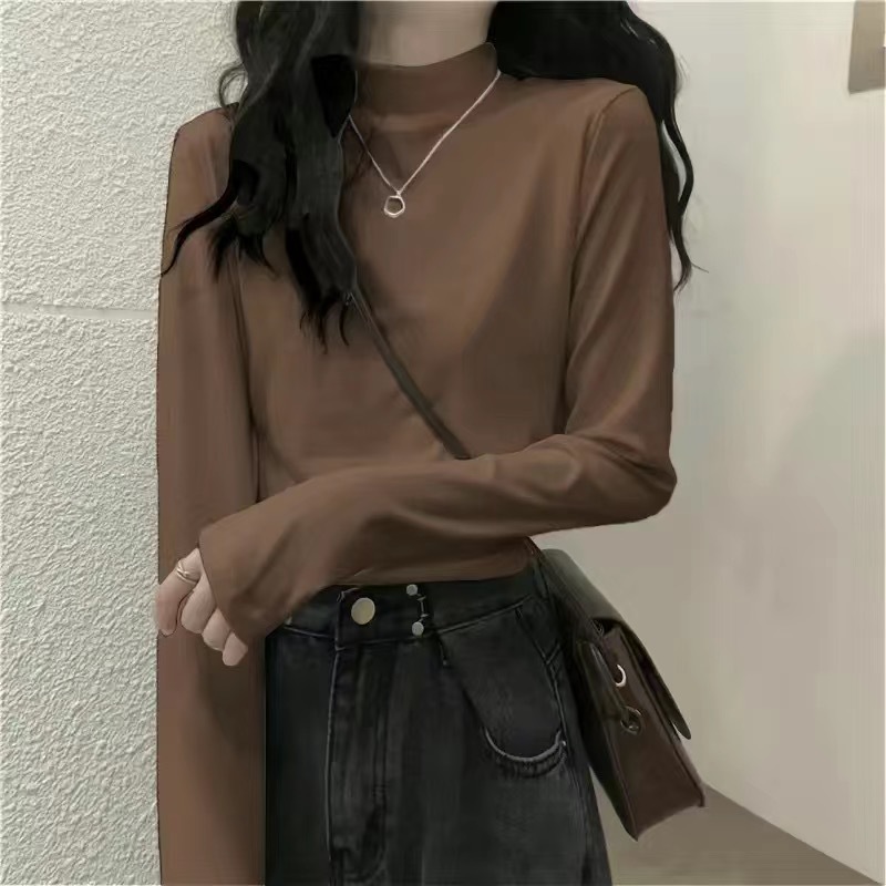 pesado curry doble cara de terciopelo multicolor en una camiseta de terciopelo calentador y camiseta de cuello medio alto de terciopelo camiseta de manga larga mujer image 1