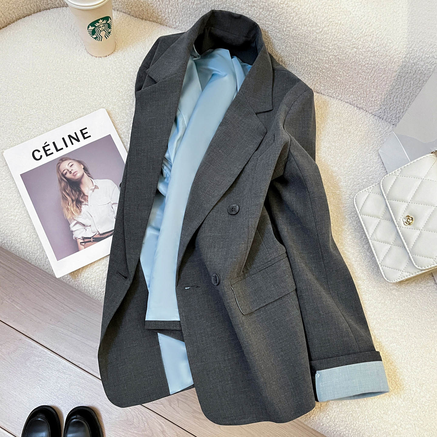 Spliced ​​Gray Suit Jacket for Women Spring and Autum 2025 New Korean Style High-End Light Mature Style Commuter Casual Suit