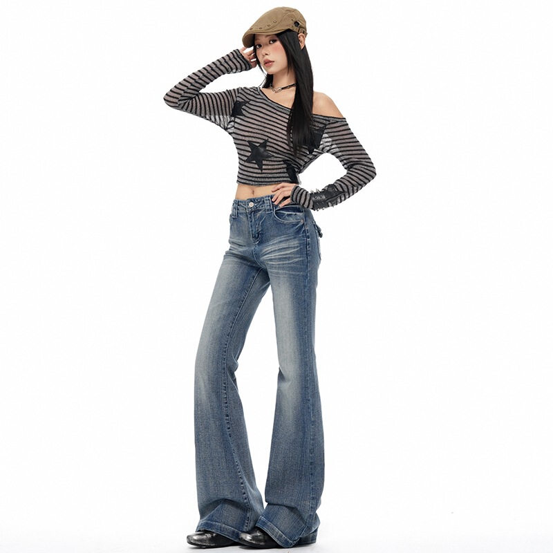 2026 Autumn New Blue Denim Flared Pants for Women, Elastic Back Pocket, Low Waist 2026 Autumn New Blue Denim Flared Pants for Women, Elastic Back Pocket, Low Waist