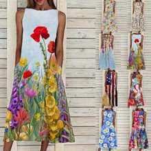 欧美夏季女装新款ebay独立站休闲花卉束腰圆领中长款A字连衣裙
