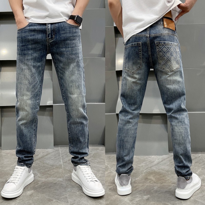 High-grade Sense Printed Men's Jeans Spring and Autumn New Fashionable Slim-fit Small Foot Retro All-match Trousers Tapered Pants