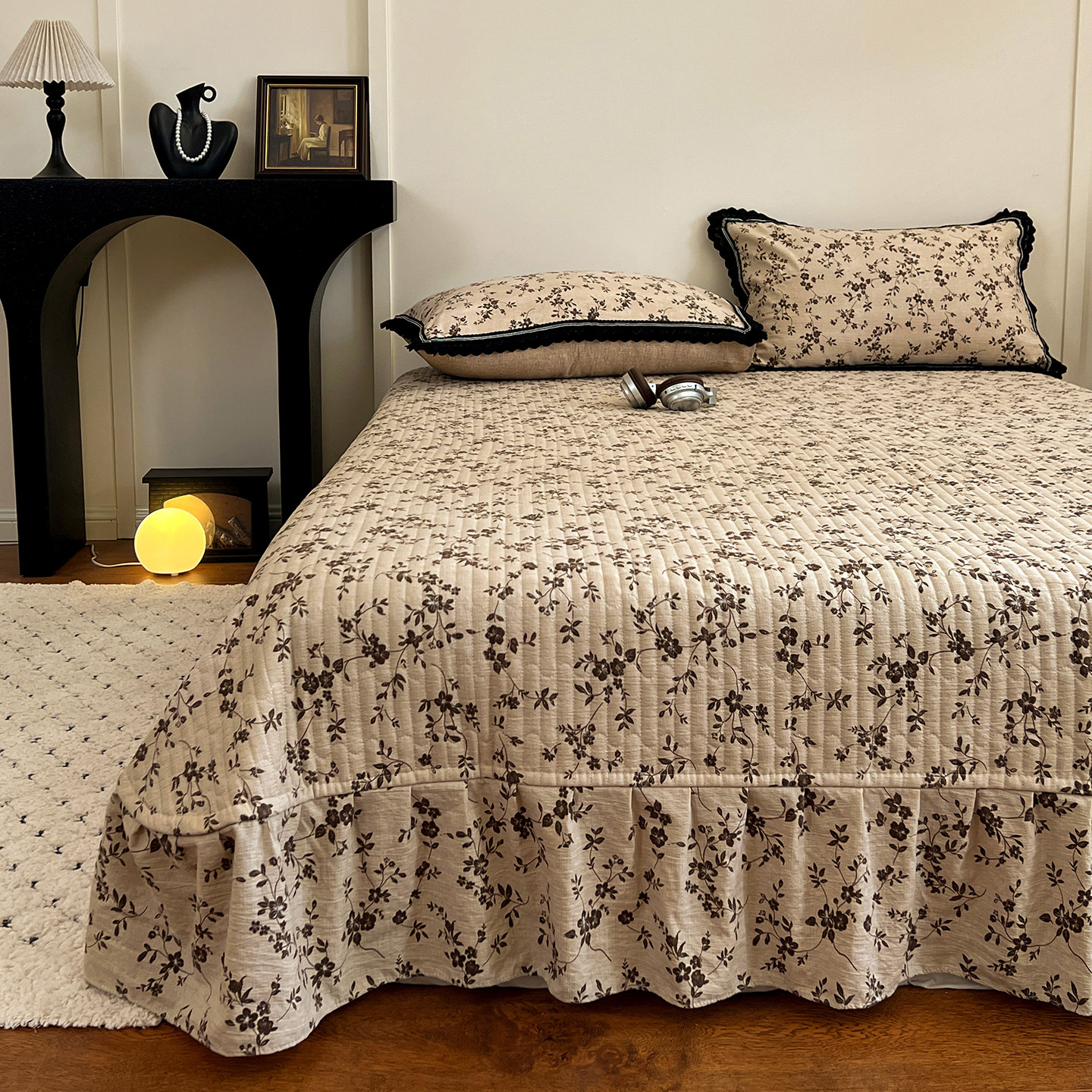 Conjunto de cama de quatro peças em algodão, modelo 2026, com estampa vintage nórdica francesa boho._voghion.com