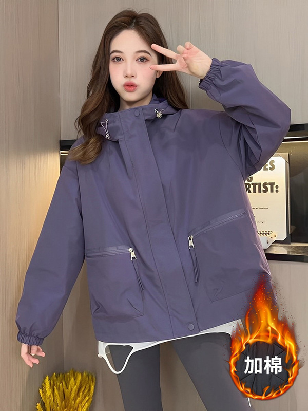 连帽冲锋衣女小个子防风棒球服短外套开春夹克上衣女百搭工装风衣|undefined