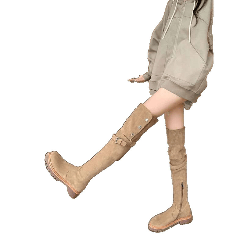 sukii レトロブラウンツーウェアメイラードスエードハイブーツ太ヒールニーハイブーツハイブーツレディース