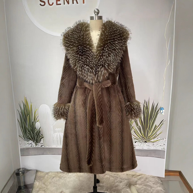 Cross-Border Faux Fur Leopard Print Mink Fur Integrated Extended Fox Fur Raccoon Large Fur Collar Slim Fashion Coat