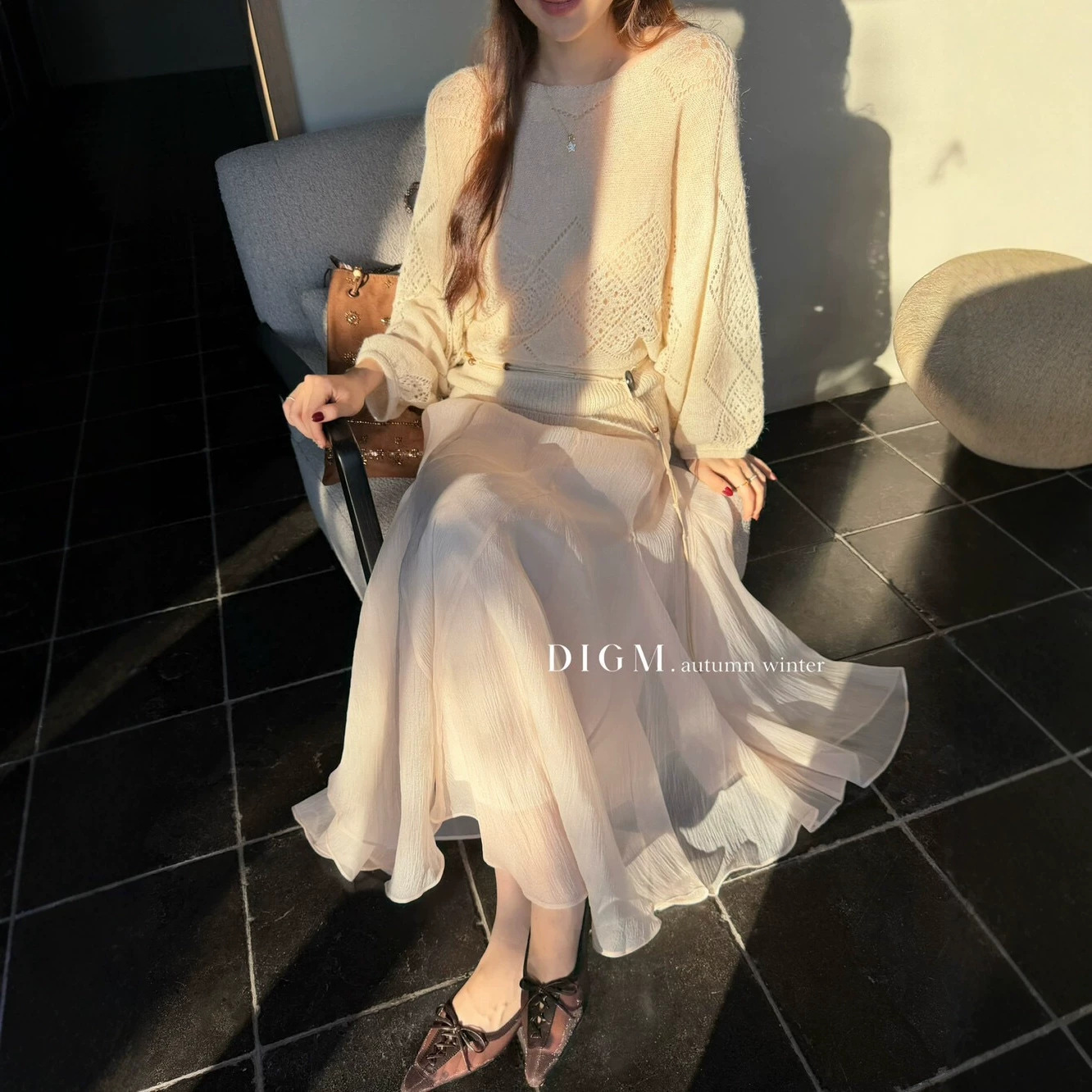 Autumn New Arrival: [DIGM] French Gentle Elegance Solid Color Textured High-Waisted Slimming Full Skirt