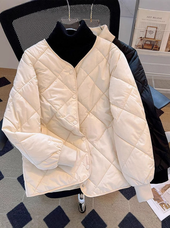 法式菱格ins圆领小香风轻薄短款保暖棉服冬季小个子长袖棉衣外套|undefined