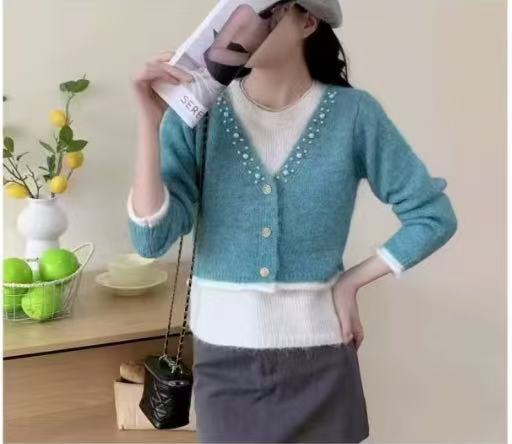 秋冬新款韩版钉珠假两件针织开衫女软糯慵懒风设计感毛衣外套|undefined