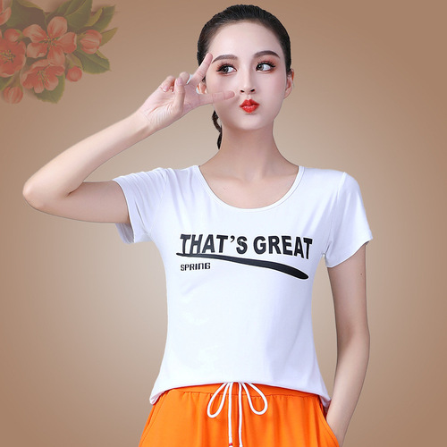 New Square Dance Costume Summer Short Sleeve Sports Casual Ghost Step Dance Print Cotton Fitness Top Team Performance Costume