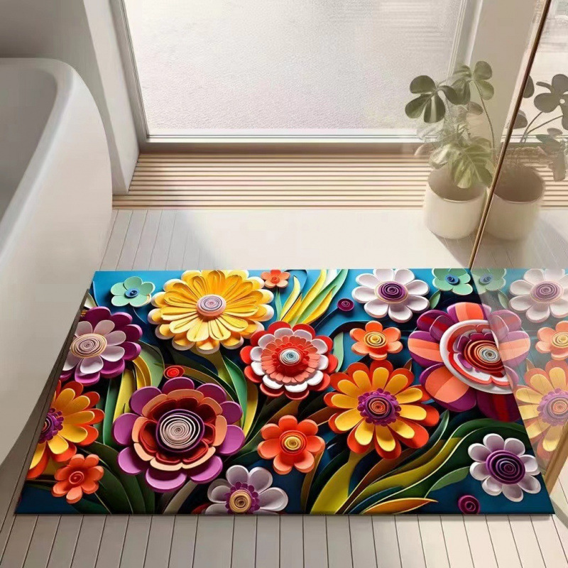 3D bloemenmotief met diatomeeënaarde, moderne, lichte, luxe badkamermat, waterabsorberend, sneldrogend, antislip en wasbaar._voghion.com