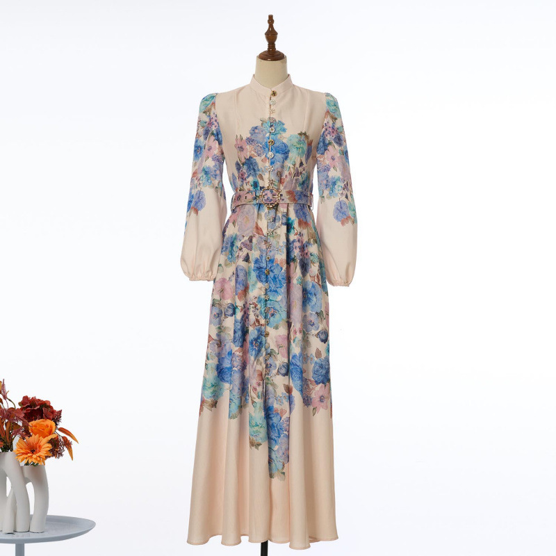 Cross-Border 2026 New Style Casual Retro Printed Exquisite Single-Breasted Stand-Collar A-Line Dress Ultra-Long Dress in Stock for Women