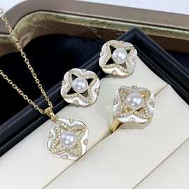 天然珍珠新款夏季母贝镶钻轻奢高级三件套女戒指耳钉吊坠s925耳针