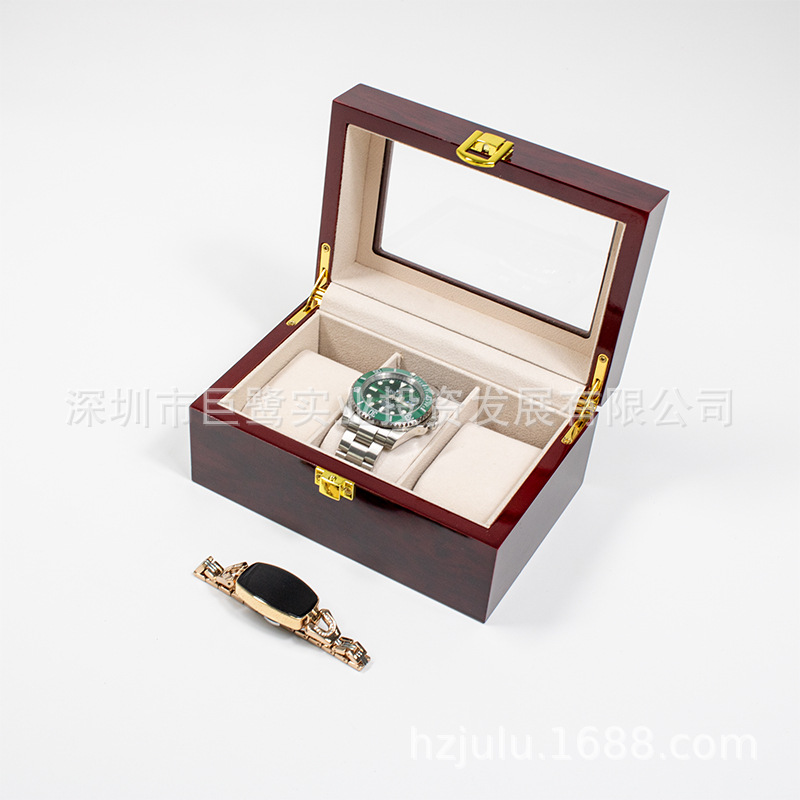 Cross-Border 3-Digit Glossy Lacquer Window Watch Box with Buckle Solid Wood Lacquer Watch Storage Box