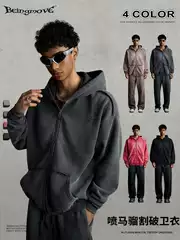 Streetwear 2025 Fall American Retro Splatter Distressed Zip-Up Hoodie Sweatshirt Cardigan Jacket for Men