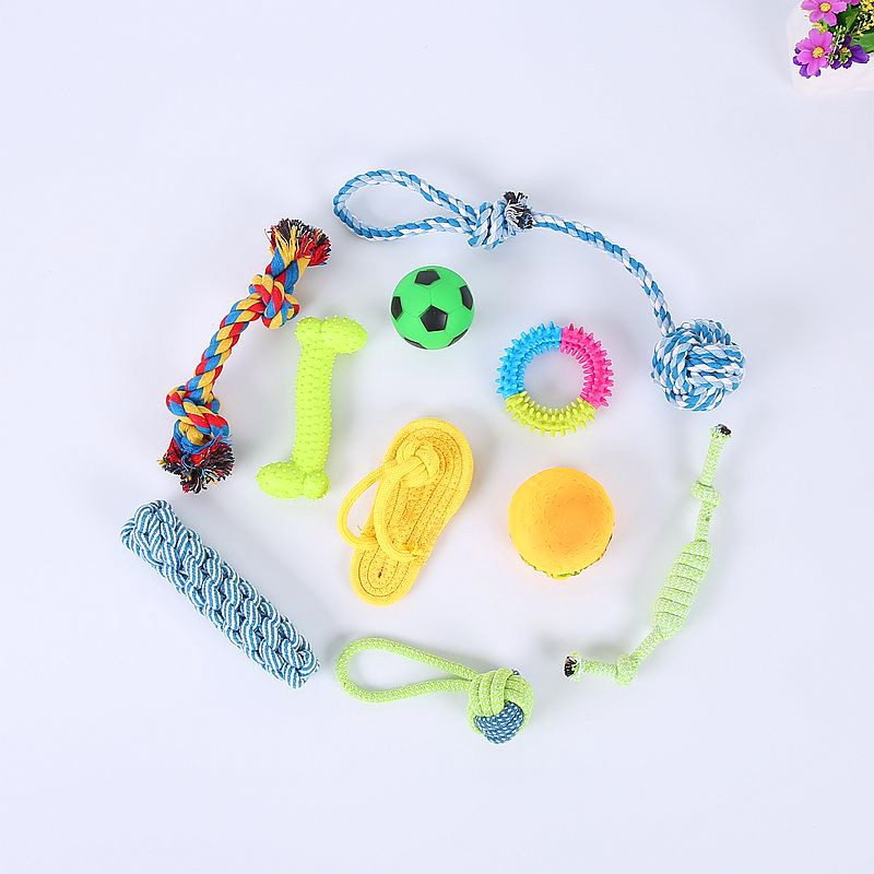 Los fabricantes suministran combinación de juguetes para mascotas, juego de 10 piezas, juguetes para mascotas tpr, juguetes molares de cuerda para perros Corgi