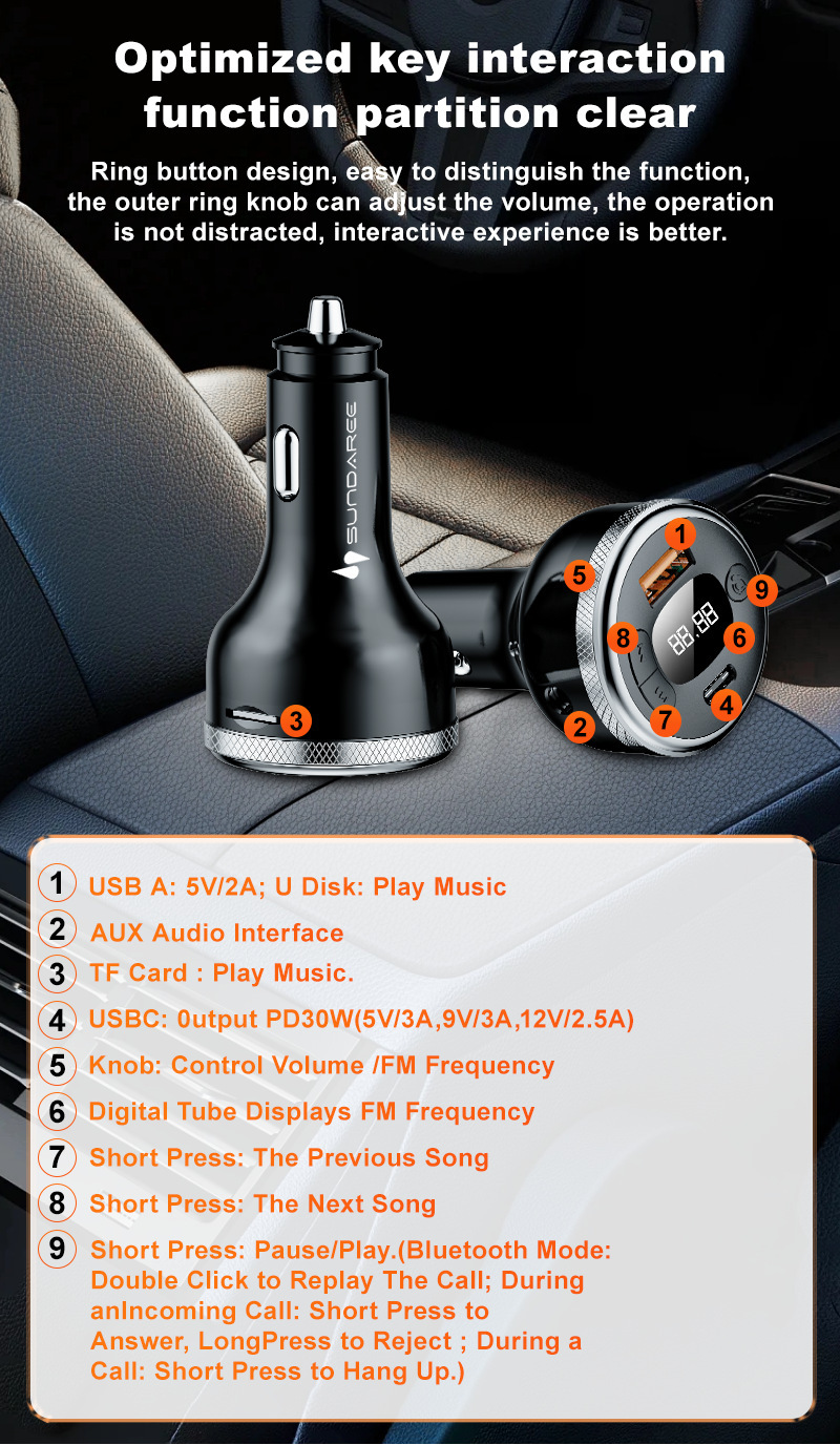 Cross-Border Bluetooth 5.0 Car Mobile Phone Charger Super Fast Charging Digital Display Mp3 Player USB Flash Drive Call Car Charger