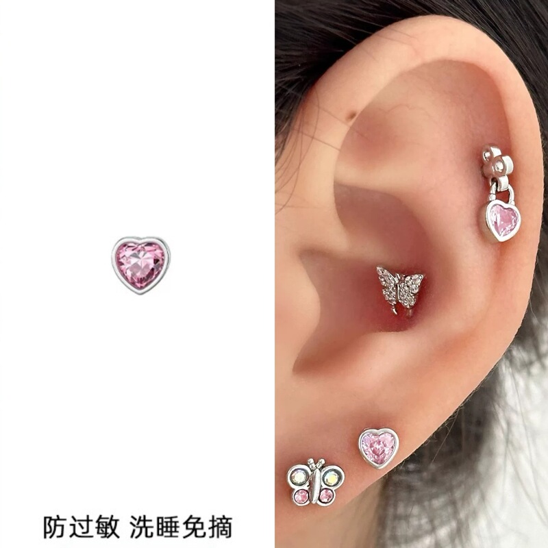 ピンク耳骨ネイルコレクション、ジルコン耳ネイル、医療用チタン鋼蝸牛ネイル、耳ピアス、耳骨ネイル、イヤリング、平底スパイラル|undefined