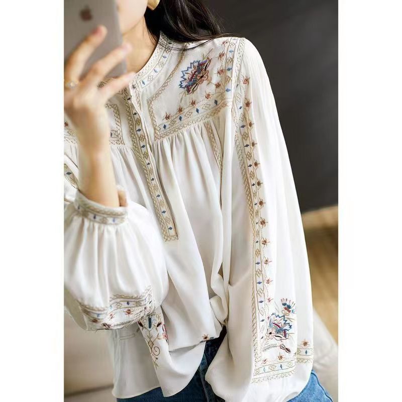 Fashionable Versatile Printed Shirt for Women, 2026 Spring and Autumn New Style, Stand Collar, Bohemian Style, Loose and Stylish Top