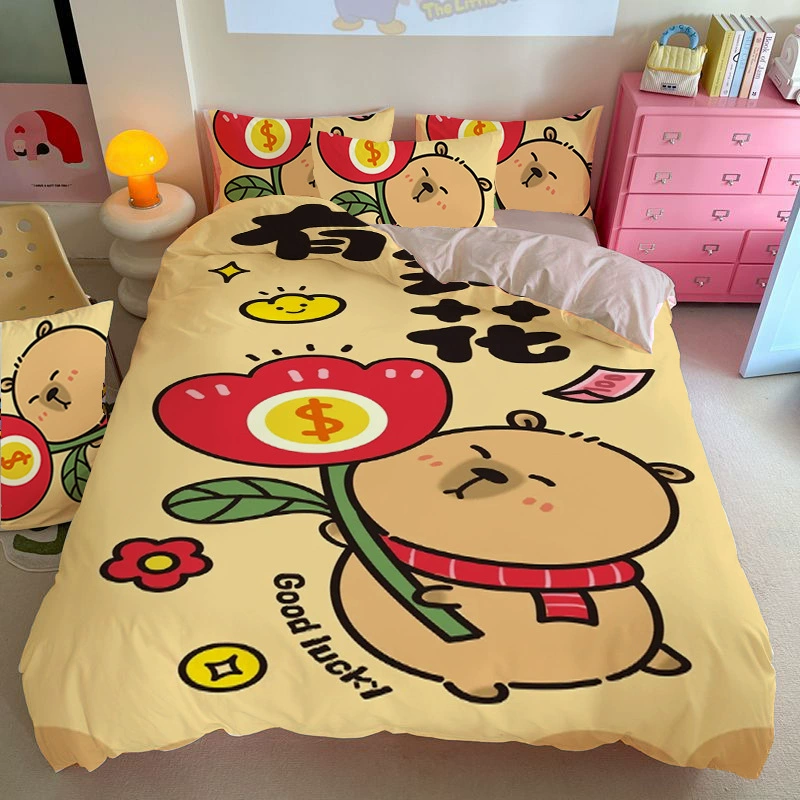 Капибара набор из четырех частей capybara постельное белье двойной милый простой стиль простыни одеяло мягкий и удобный