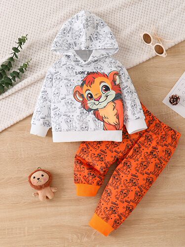 Cross-border INS Infants, children, boys, spring and autumn, fleece hooded lion print long-sleeved top and trouser set