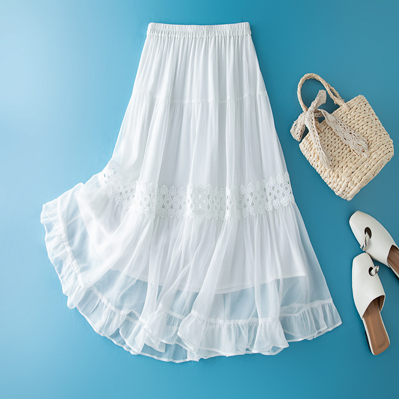 Super Fairy White Mulberry Silk Splicing Lace Heavy Industry Pure Color Elastic Waist Large Hem Skirt 85095