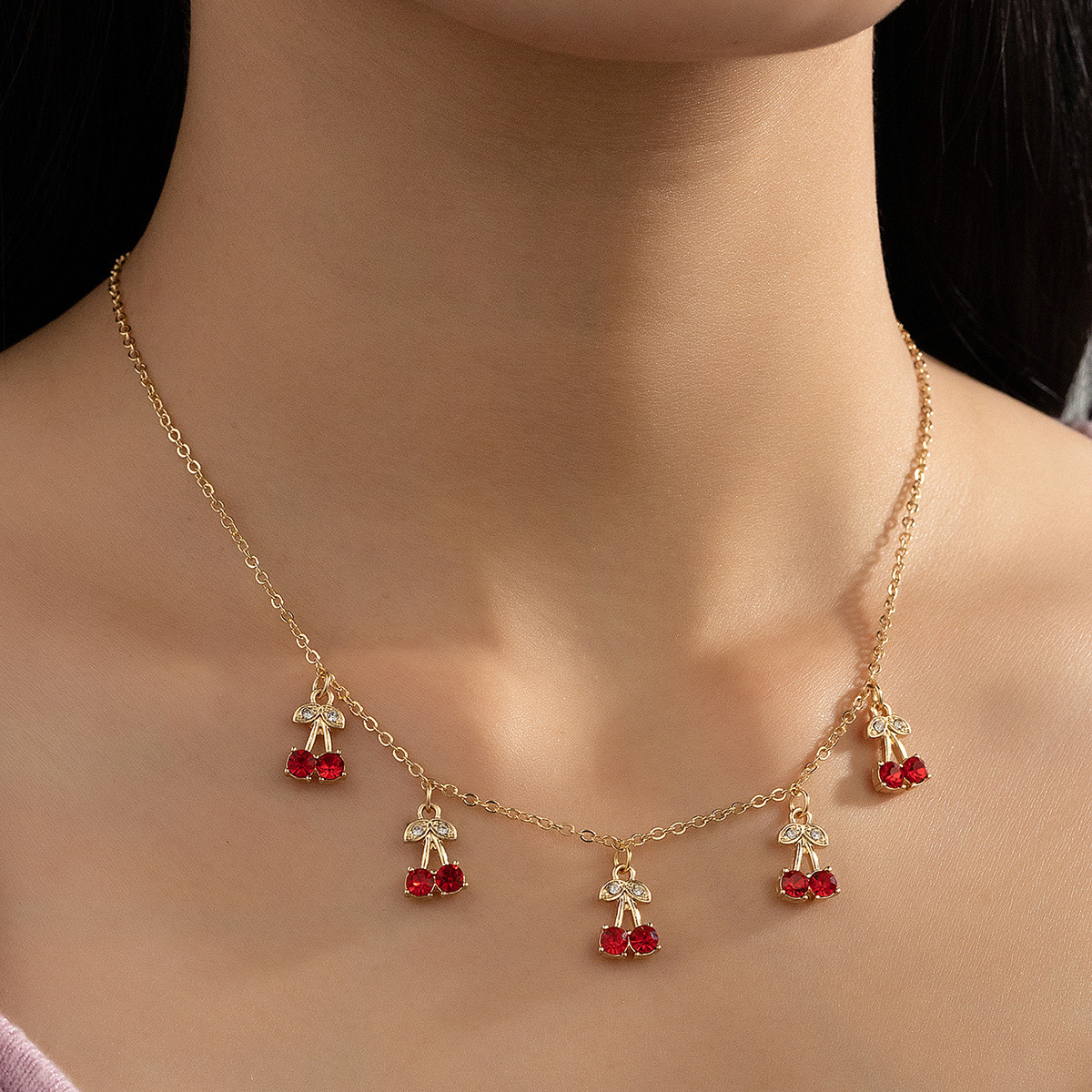 1 Piece Simple Style Cherry Fruit Alloy Plating Rhinestones Womenu0027S Pendant Necklace