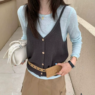 韩系设计感撞色圆领针织衫女秋冬新款毛衣长袖搭配吊带背心两件套