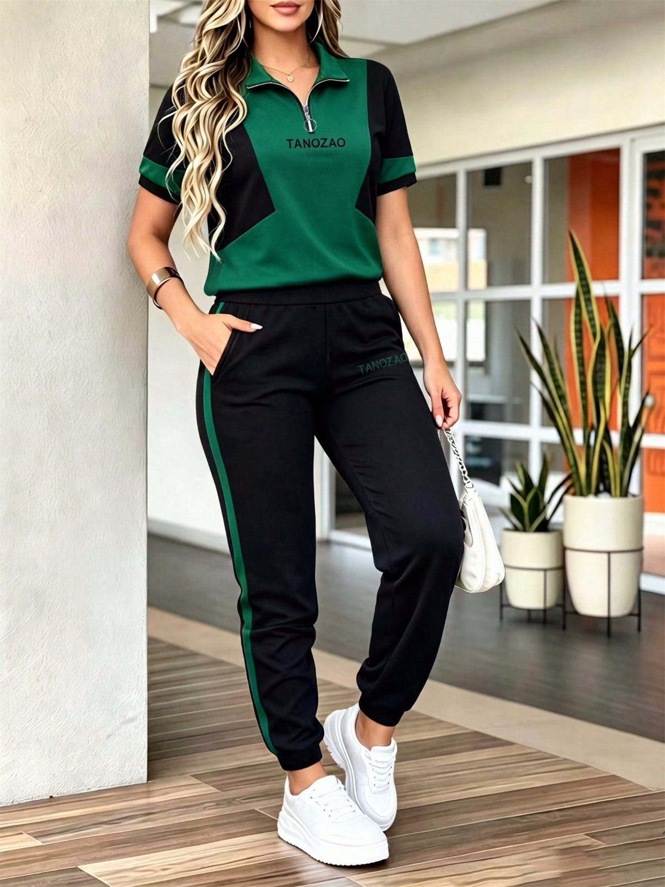 Women's Casual Sportswear Set Spring/Summer Color Blocked Polo Shirt & High Waisted Striped Pants Regular Fit_ecoleips.com