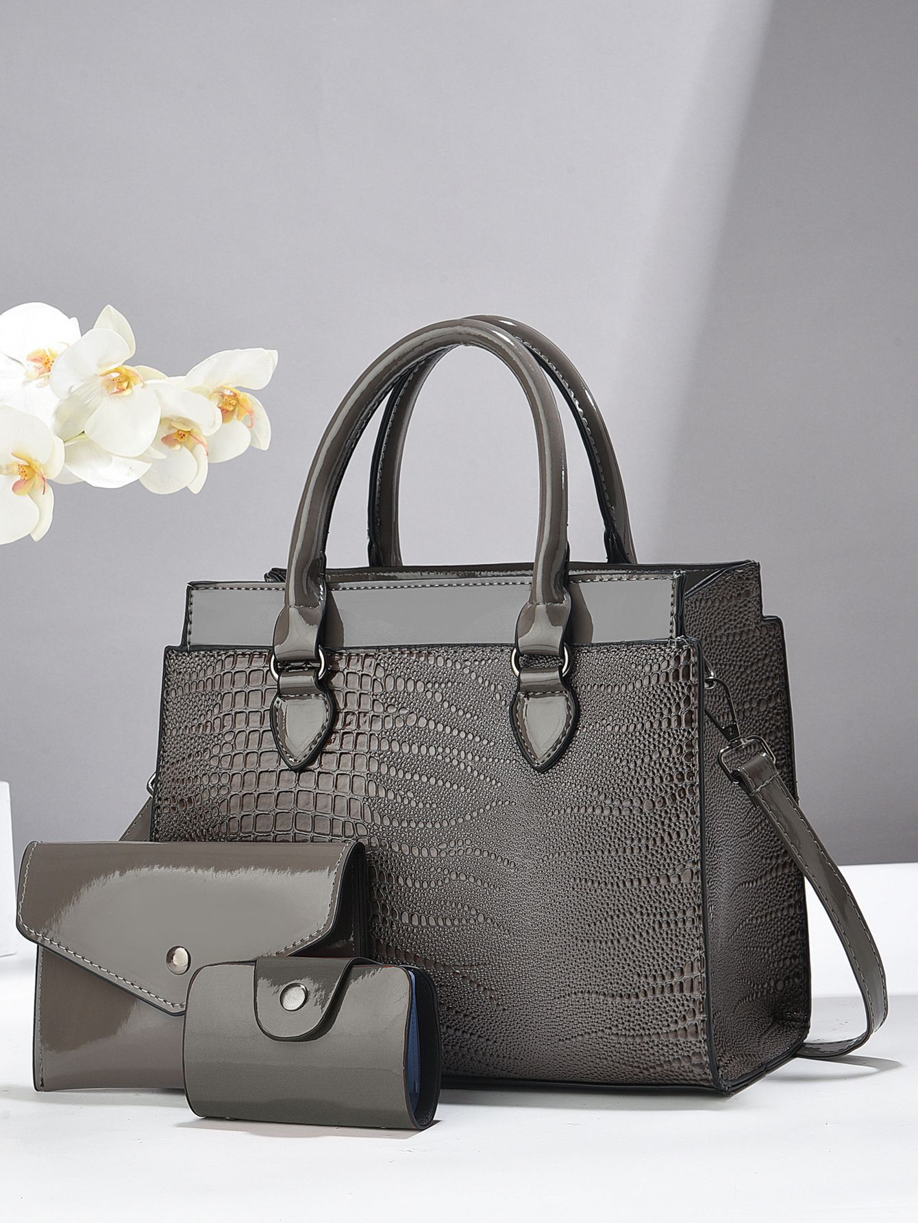 Women's Crocodile Pattern Handbag Three Piece Set Shoulder Bag_voghion.com