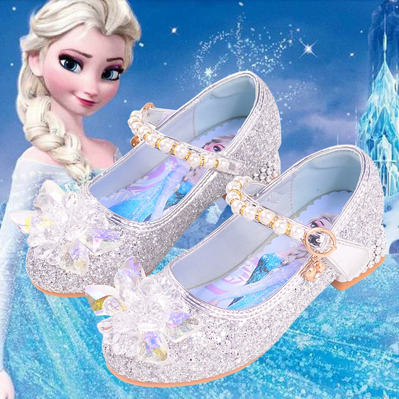 Aisha Princess Shoes Корейский стиль Детская обувь на высоких каблуках Новые туфли со стразами и кристаллами Замороженные кожаные туфли для девочек