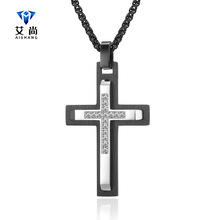 新款亚马逊男士钛钢项链双层斜边镶石十字架吊坠316抛光潮款项链