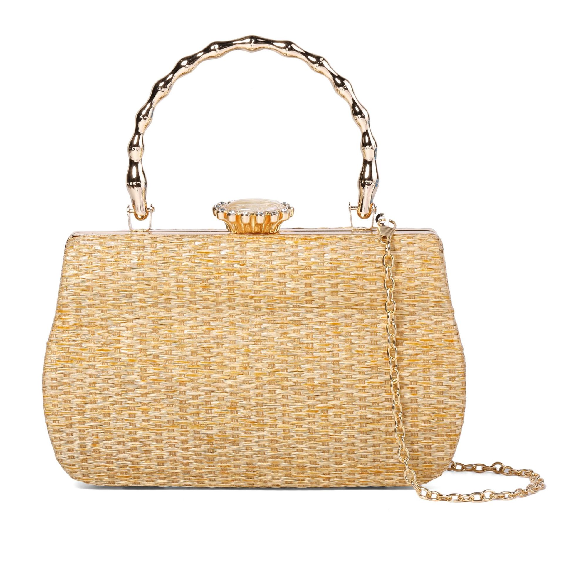 322g Weight Lock clasp Closure Type Ring Handle, Chain Strap Type Evening Bag, Box bag Bags Type Casual Occasion Straw Material Solid Color Pattern All Seasons Season Women's Gender Elegant Style Square Shape Women's Straw Solid Color Elegant Square Lock Clasp Evening Bag Box Bag 10