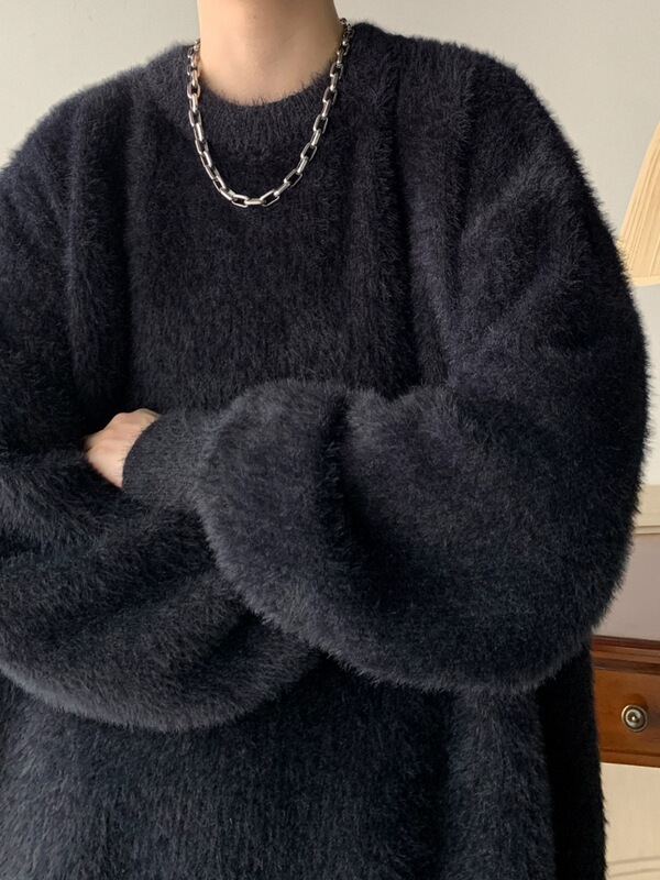 Mohair Sweater for Men, Autumn and Winter, High-End, Stylish, Thickened, Round-Neck Knitwear, Lazy Style, American-Style Loose Coat