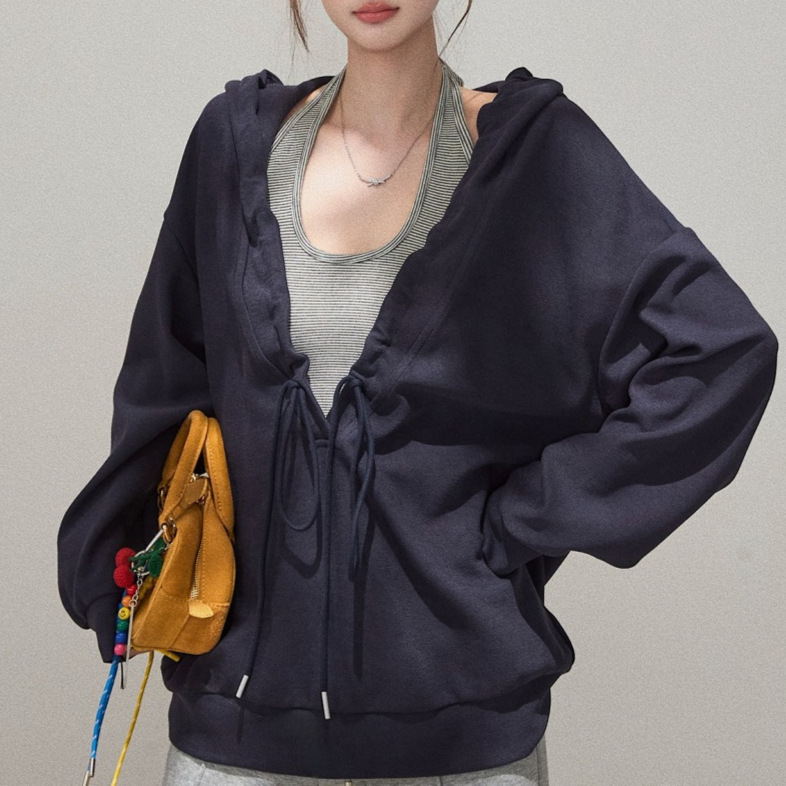 连帽秋季宽松抽绳卫衣条纹吊带衫两件套女2025秋冬季百搭显瘦上衣|undefined