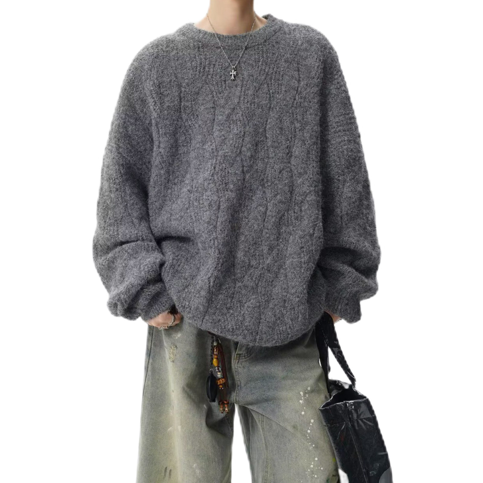 Explosiones transfronterizas de tamaño europeo de tamaño grande torcido cuello redondo jersey suéter masculino base exterior invierno fábrica de suéter al por mayor