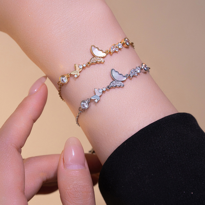 Cross-Border European and American Fashion Elegant Real Gold Electroplating High-End Shell Butterfly Inlaid Zircon Bracelet Niche Design Exquisite