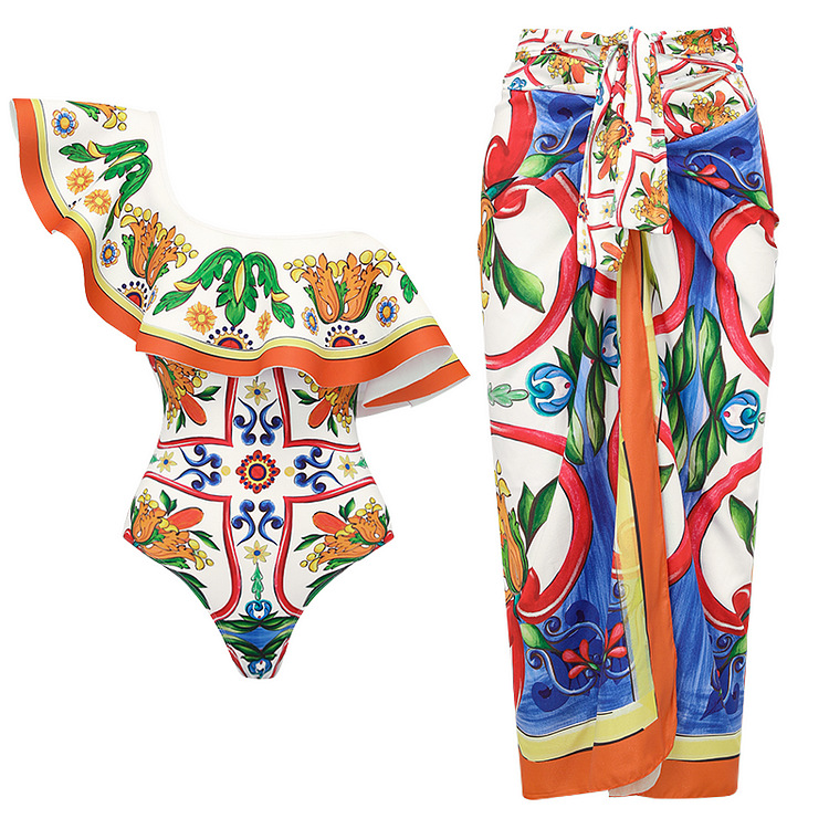 Women's Glam Retro French Style Digital Printing Asymmetrical Ruched One Piece Swimwear display picture 4