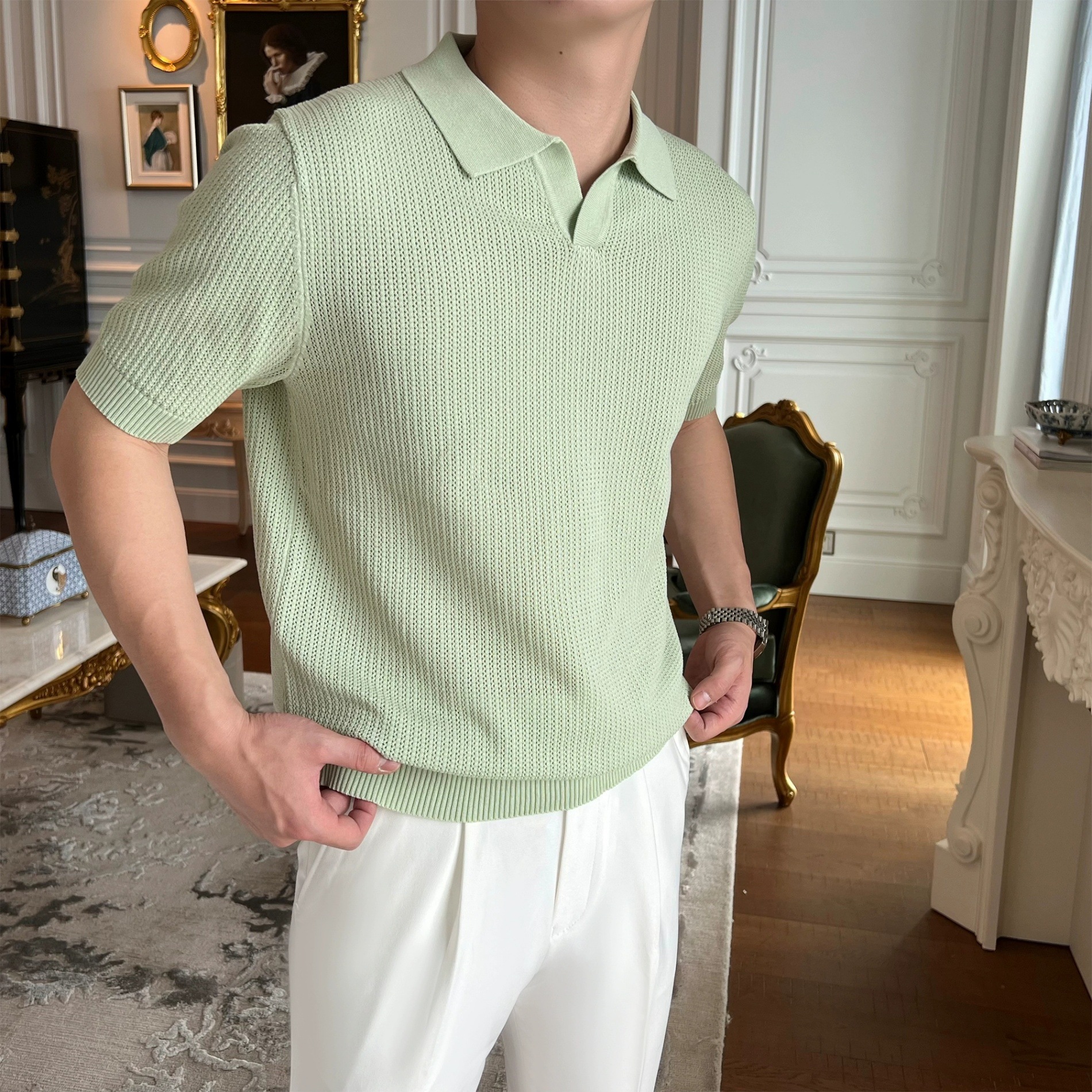 Summer Ice Silk Knitted Polo Shirt High-grade Hollow-out Leading Business Casual Male Paul Solid Color Simple T Short Sleeve