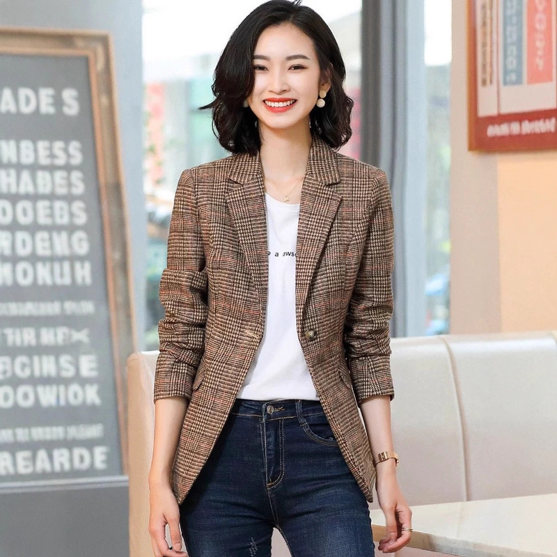 Plaid Blazer Women's Spring & Fall Long-Sleeved Retro British Style Small Slim Plaid Small Suit Top Export