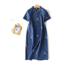 现货大品牌高端剪标女装外贸出口原单棉麻重工刺绣花旗袍连衣裙女