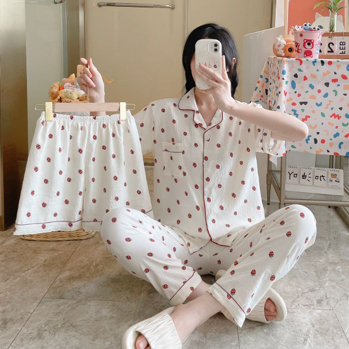 Venta al por mayor transfronteriza 120g pijamas de algodón de nube de verano de manga corta para mujer pantalones cortos de algodón de nube de verano de tres piezas servicio a domicilio de dibujos animados